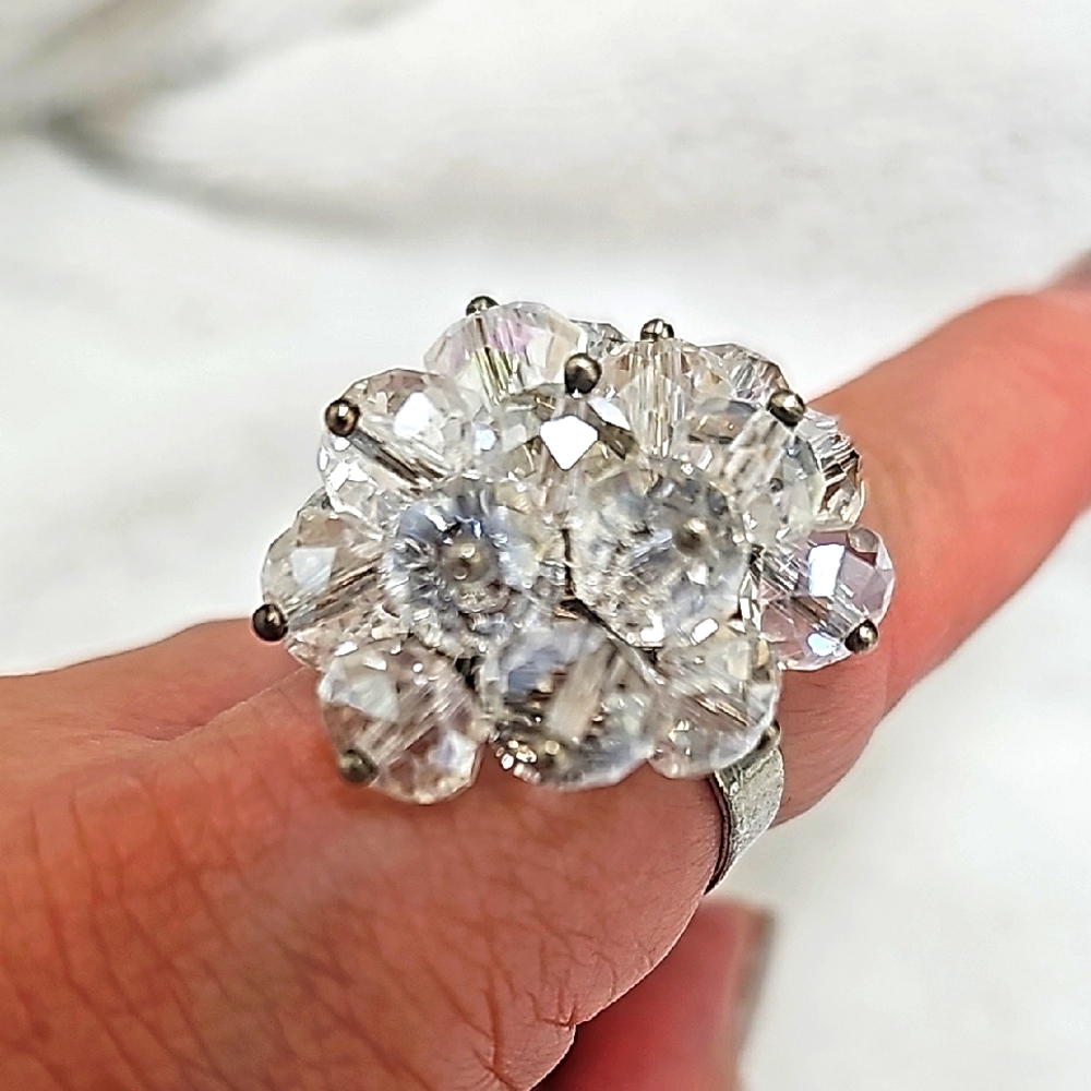 Silvertone AB Crystal Cluster Ring